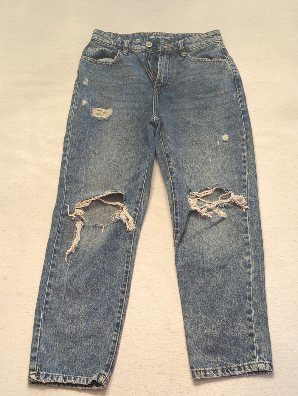 INC International Concepts Washed Blue Straight-Leg Jeans with Knee Rips